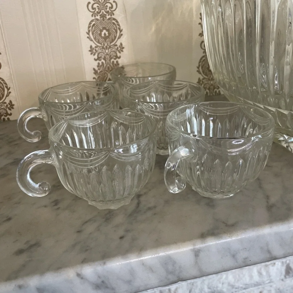 Vintage Indiana Glass Company Royal Drape Punch Bowl Set 10‎ Ribbed Hooked Cups